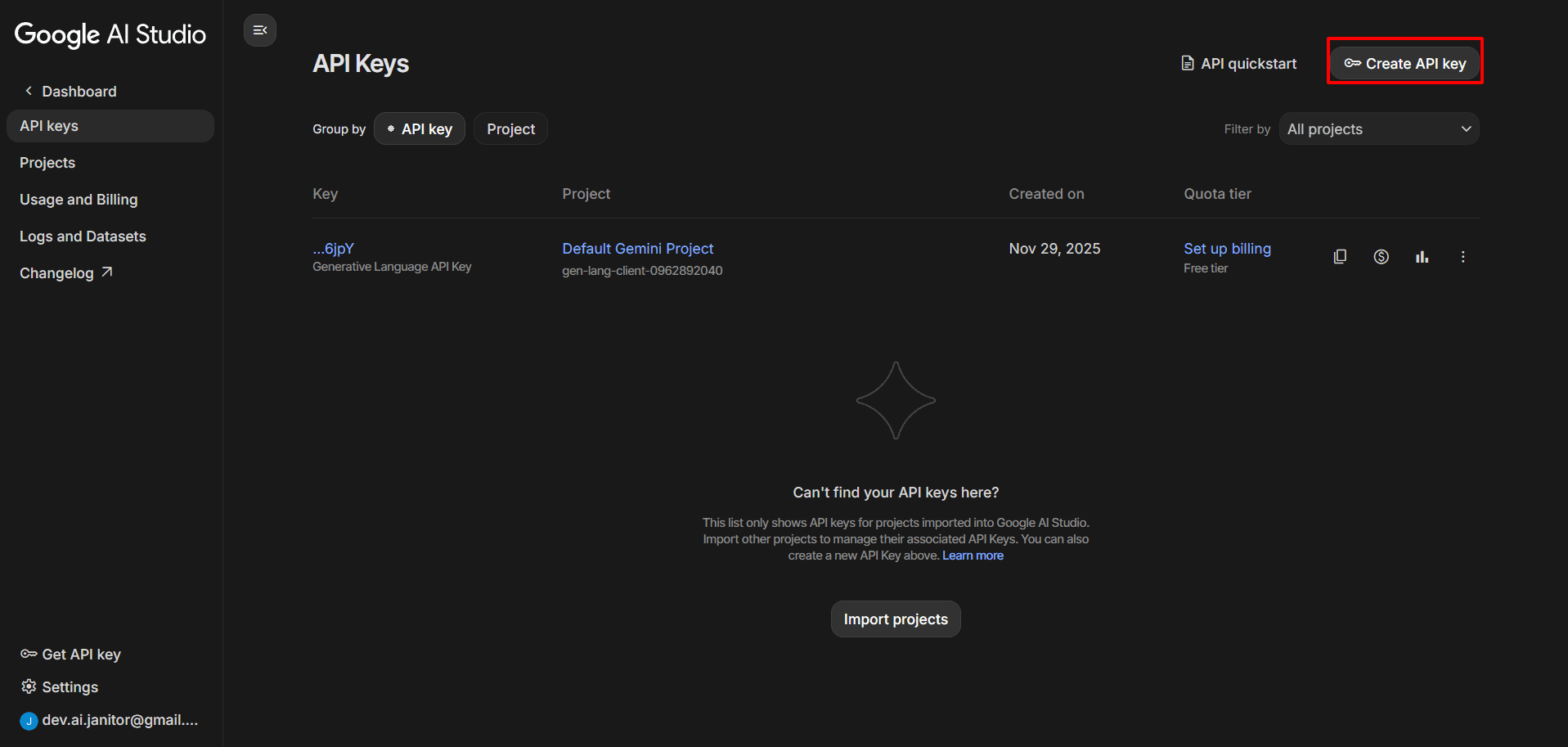 Create API Key Button